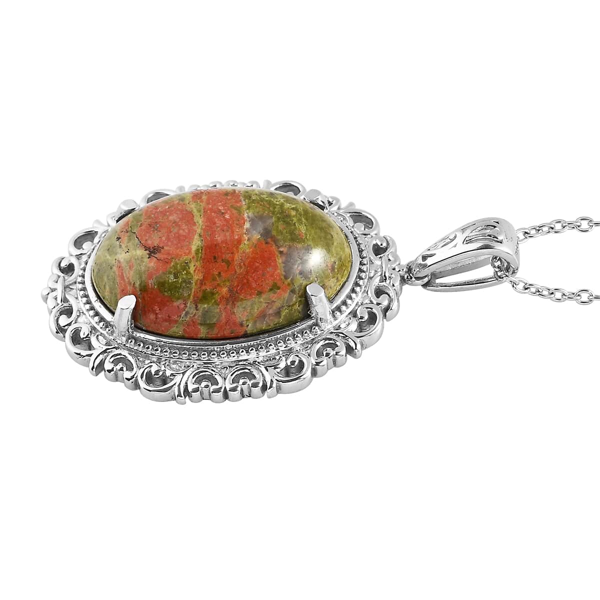 Unakite Pendant Necklace 20 Inches in Stainless Steel 27.20 ctw image number 3