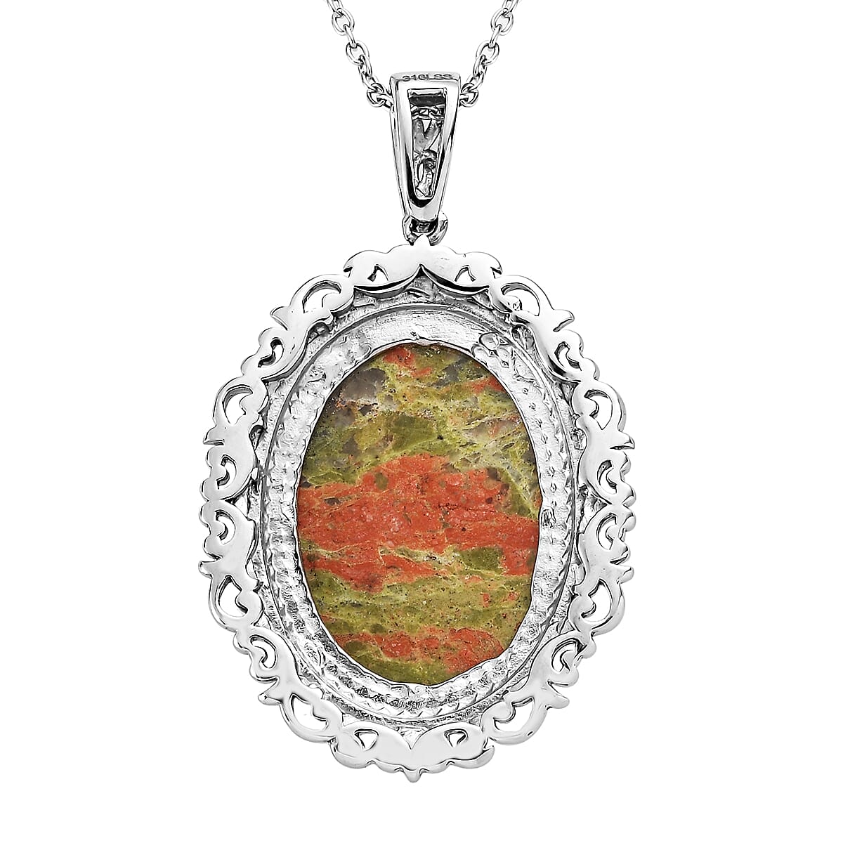 Unakite Pendant Necklace 20 Inches in Stainless Steel 27.20 ctw