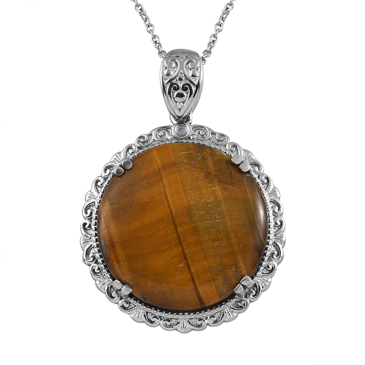 Tiger's Eye Pendant Necklace 20 Inches in Stainless Steel 40.30 ctw image number 0