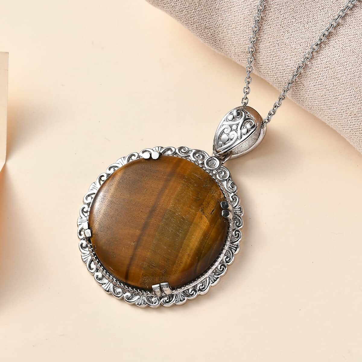 Tiger's Eye Pendant Necklace 20 Inches in Stainless Steel 40.30 ctw image number 1