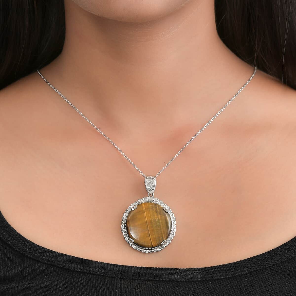 Tiger's Eye Pendant Necklace 20 Inches in Stainless Steel 40.30 ctw image number 2