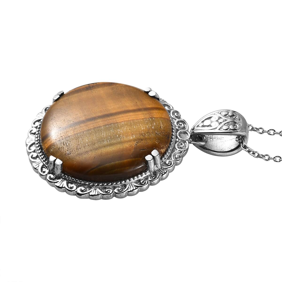 Tiger's Eye Pendant Necklace 20 Inches in Stainless Steel 40.30 ctw image number 3