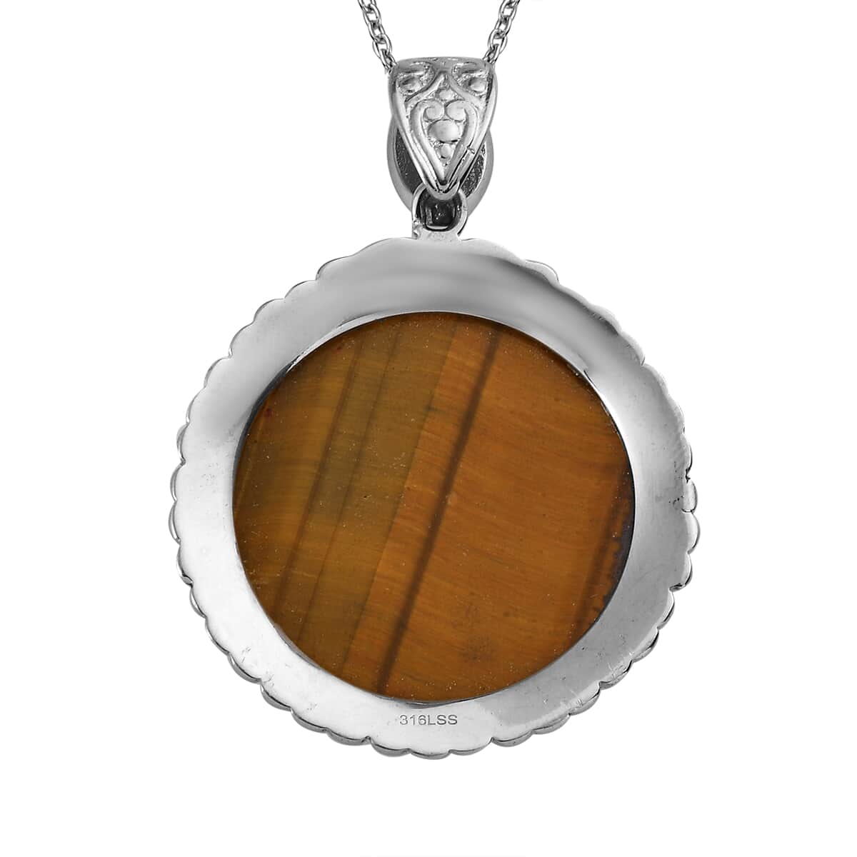 Tiger's Eye Pendant Necklace 20 Inches in Stainless Steel 40.30 ctw image number 4