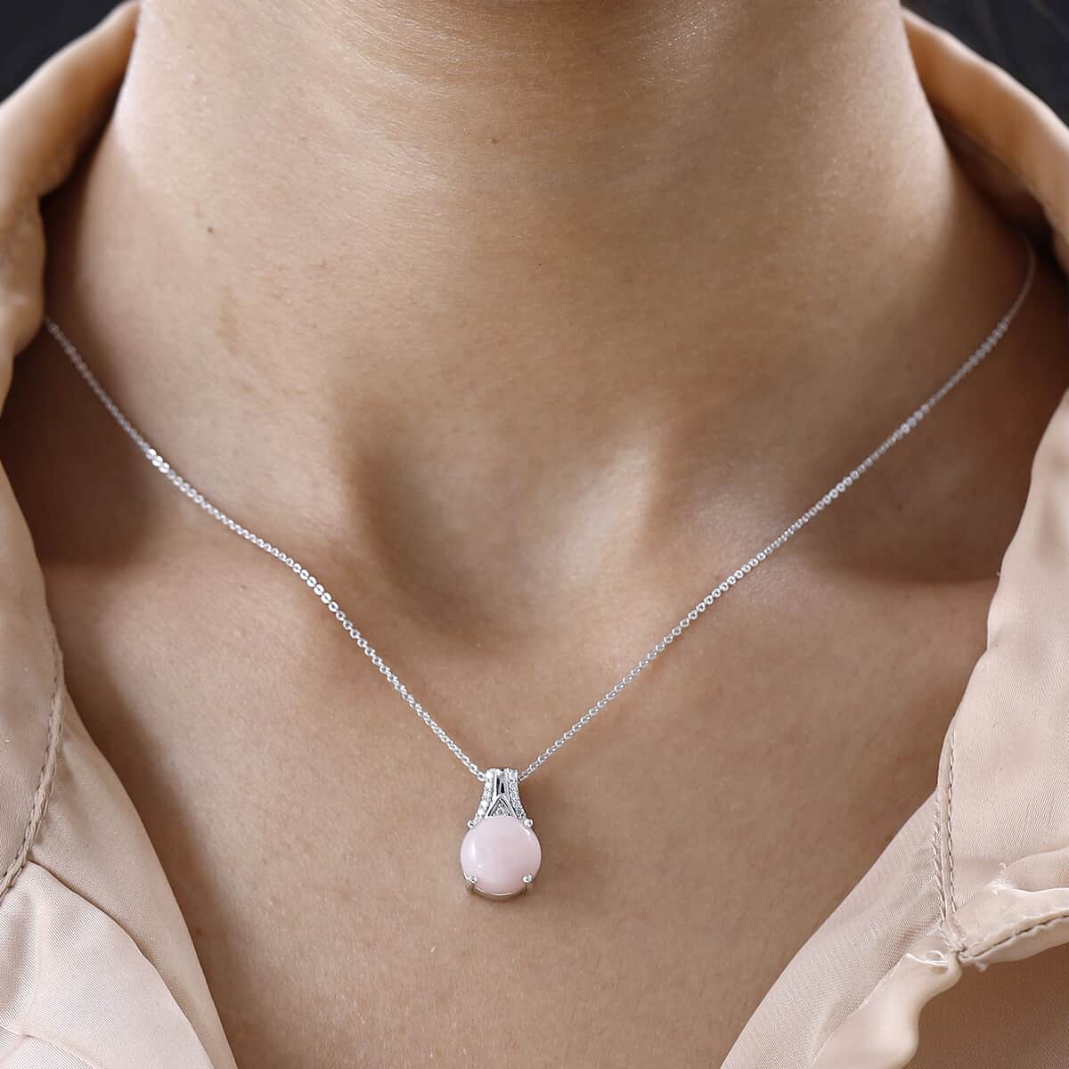 Peruvian Pink Opal and Moissanite Pendant Necklace 20 Inches in Platinum Over Sterling Silver 3.15 ctw image number 2