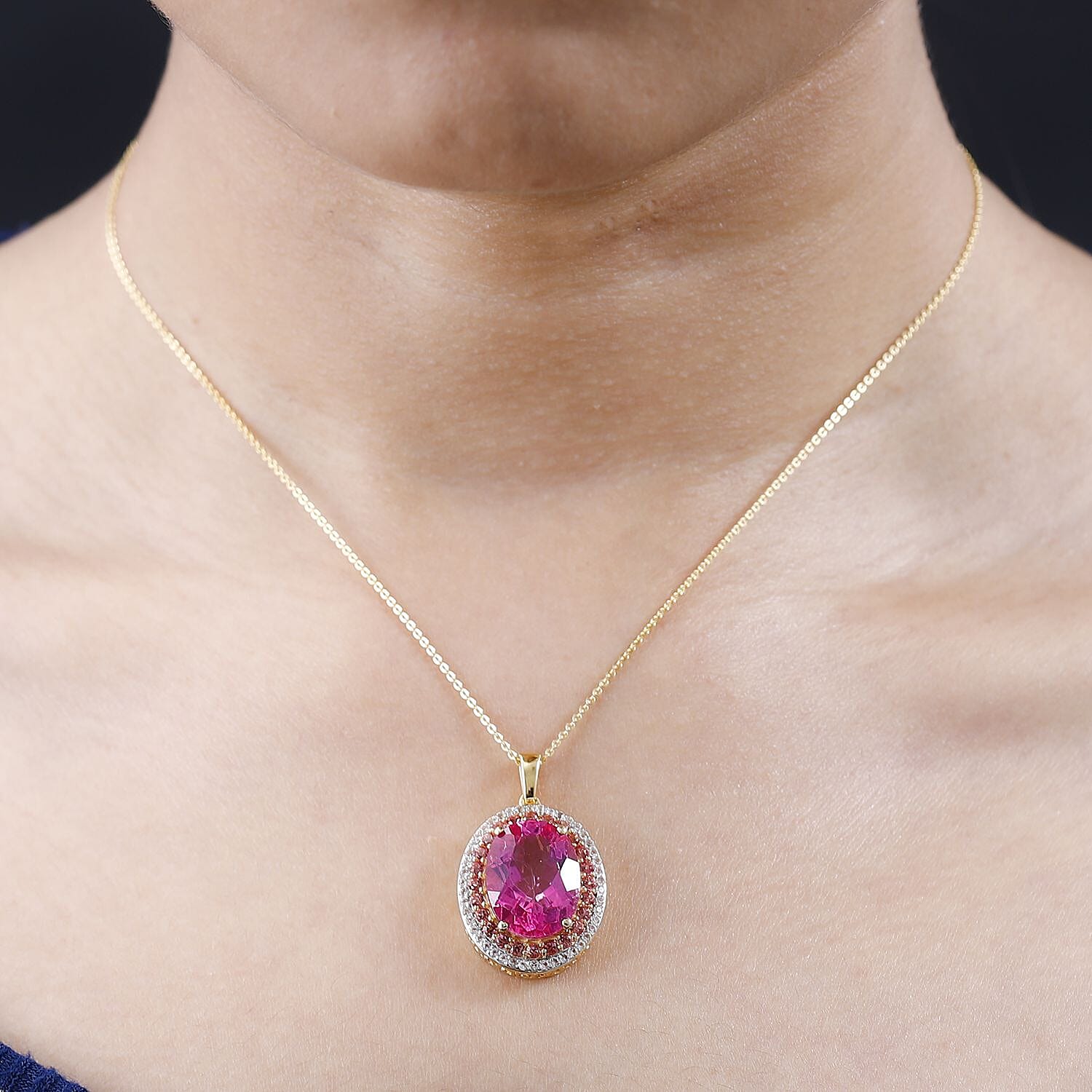 Pink Topaz and White Topaz Pendant Necklace 20 Inches in Vermeil Yellow Gold Over Sterling Silver 13.10 ctw