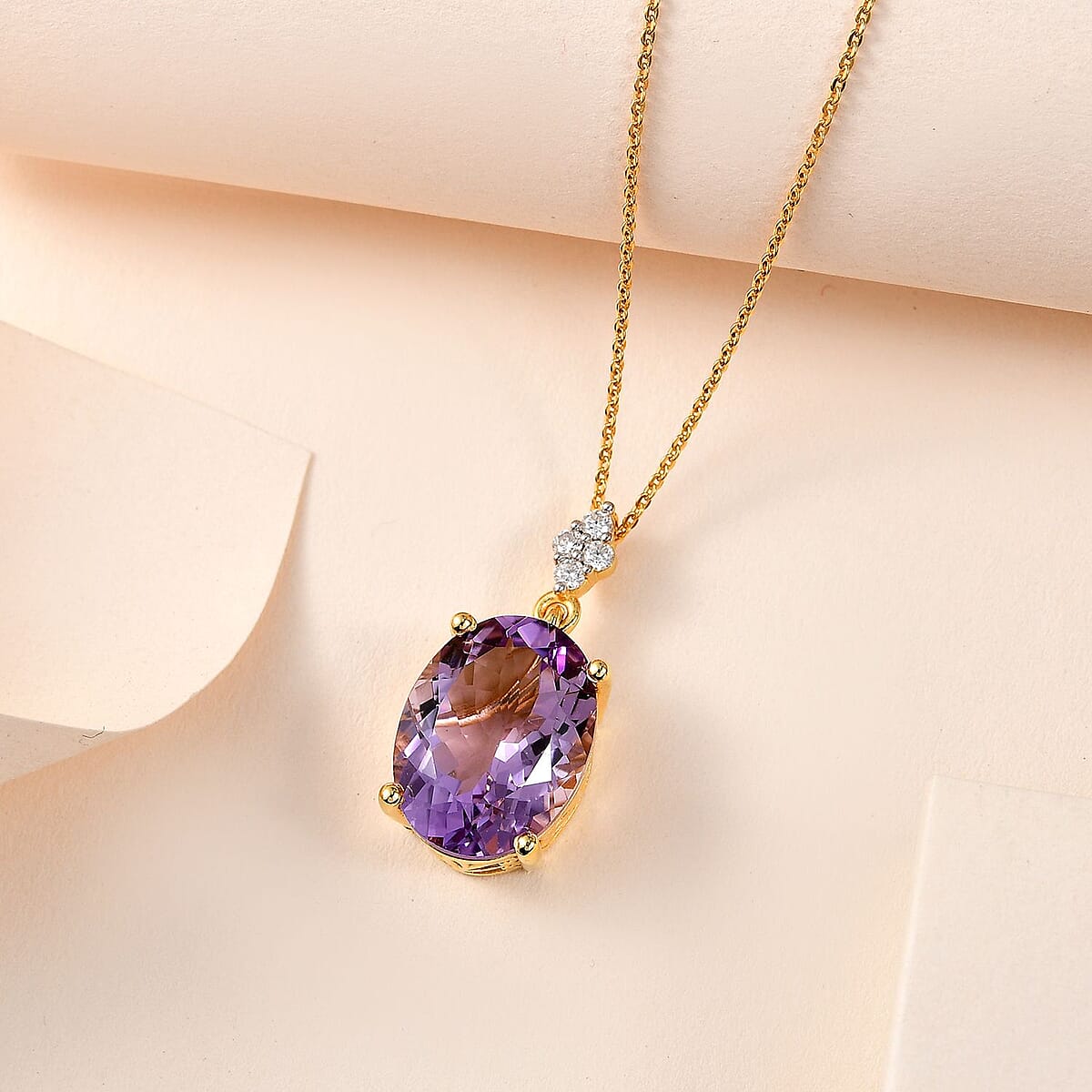 Rose De France Amethyst and Moissanite Pendant Necklace 20 Inches in Vermeil Yellow Gold Over Sterling Silver 8.15 ctw image number 1