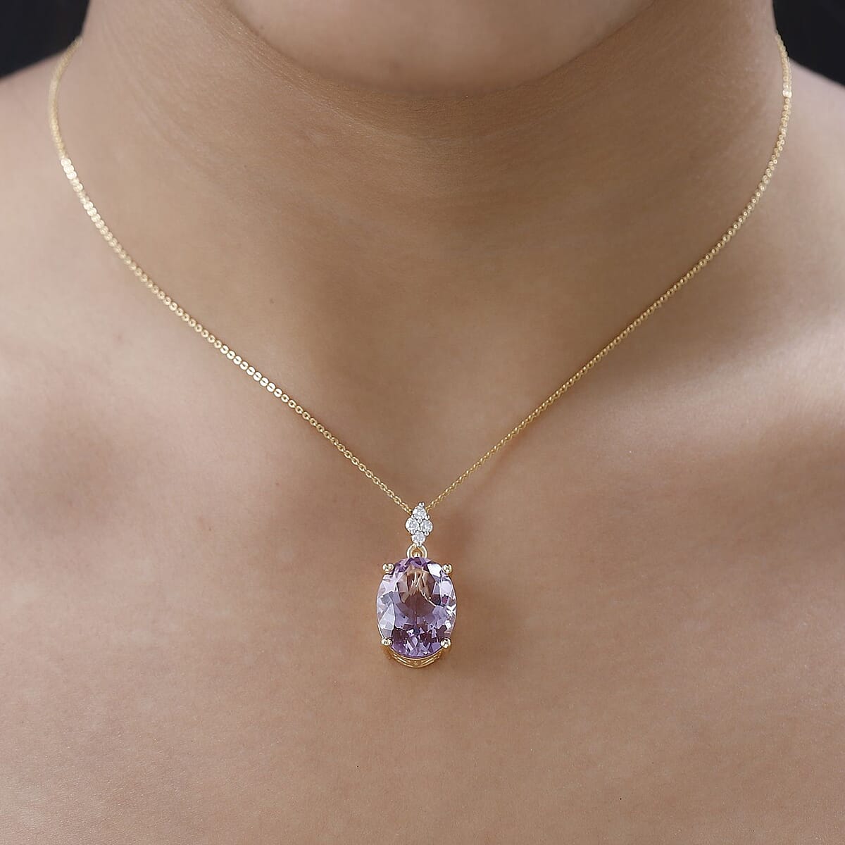 Rose De France Amethyst and Moissanite Pendant Necklace 20 Inches in Vermeil Yellow Gold Over Sterling Silver 8.15 ctw image number 2
