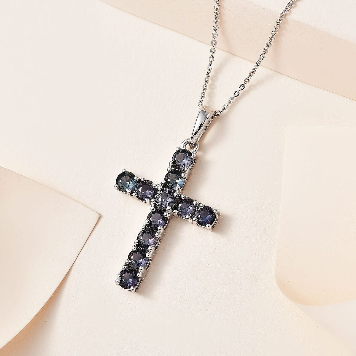 Parti Sapphire Cross Pendant Necklace (20 Inches) in Platinum Over Sterling Silver 3.50 ctw image number 1