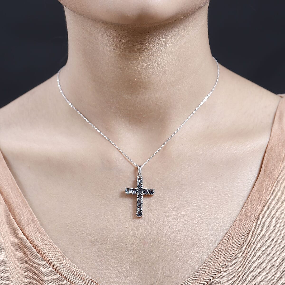 Parti Sapphire Cross Pendant Necklace (20 Inches) in Platinum Over Sterling Silver 3.50 ctw image number 2