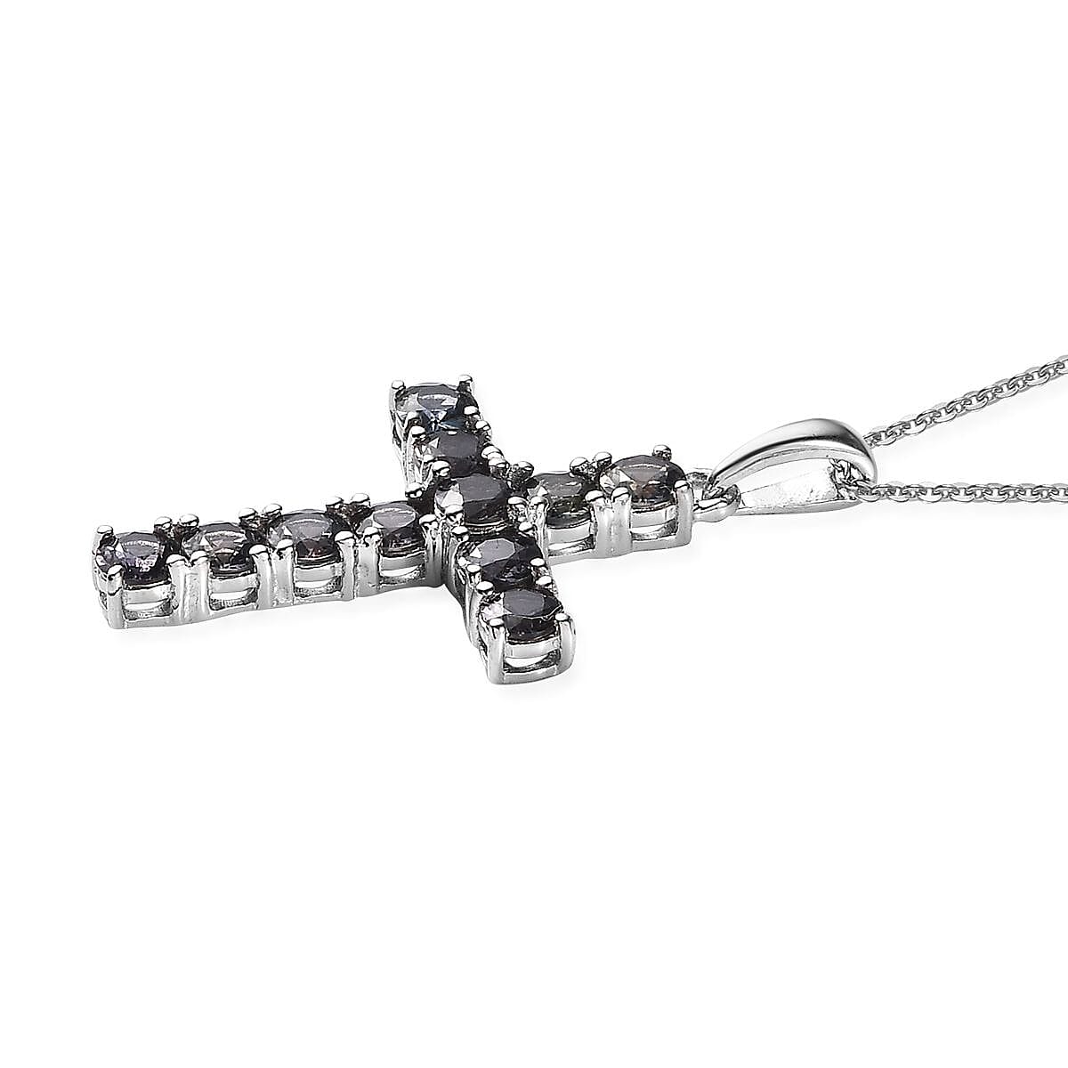 Parti Sapphire Cross Pendant Necklace (20 Inches) in Platinum Over Sterling Silver 3.50 ctw image number 3
