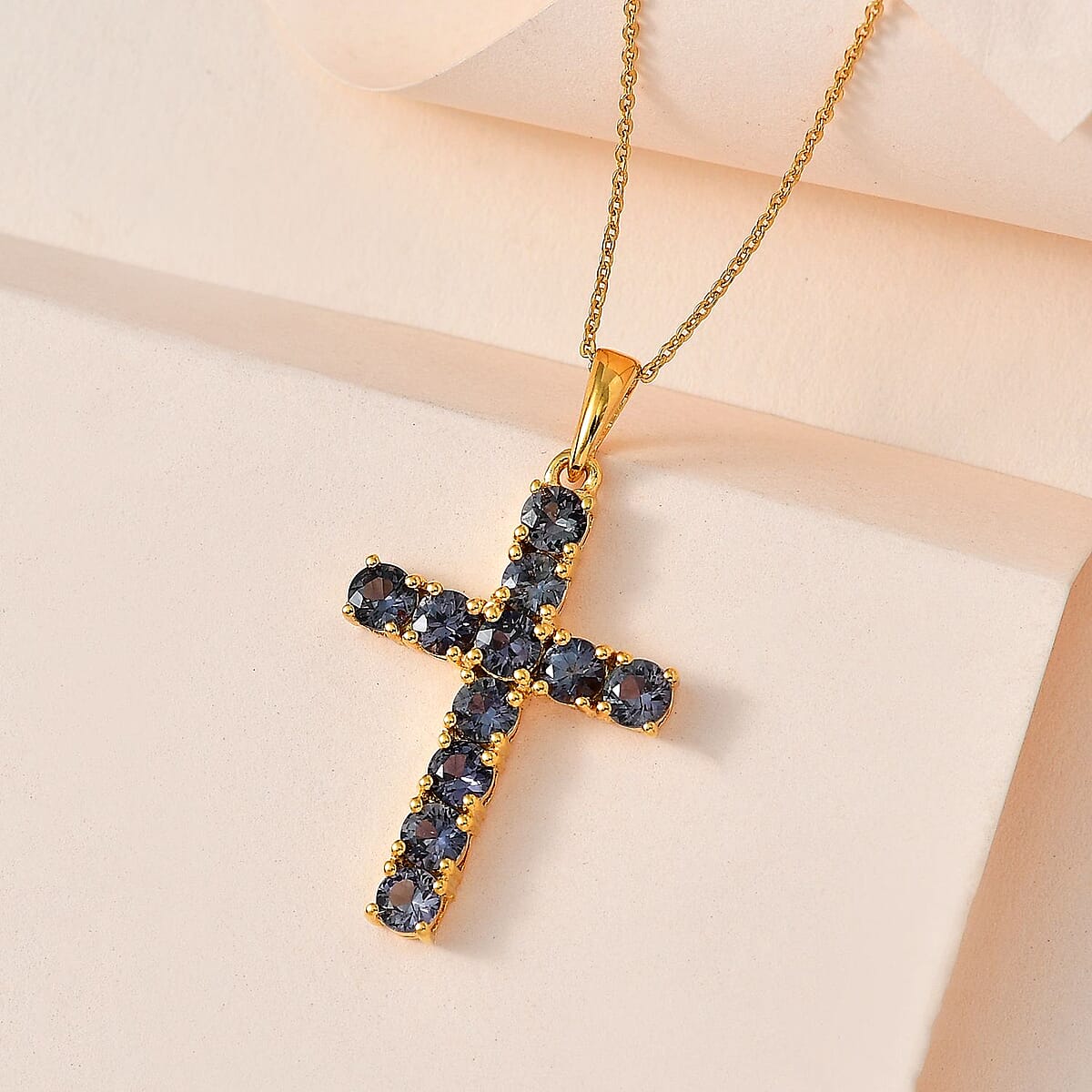 Parti Sapphire Cross Pendant Necklace 20 Inches in Vermeil Yellow Gold Over Sterling Silver 3.50 ctw image number 1