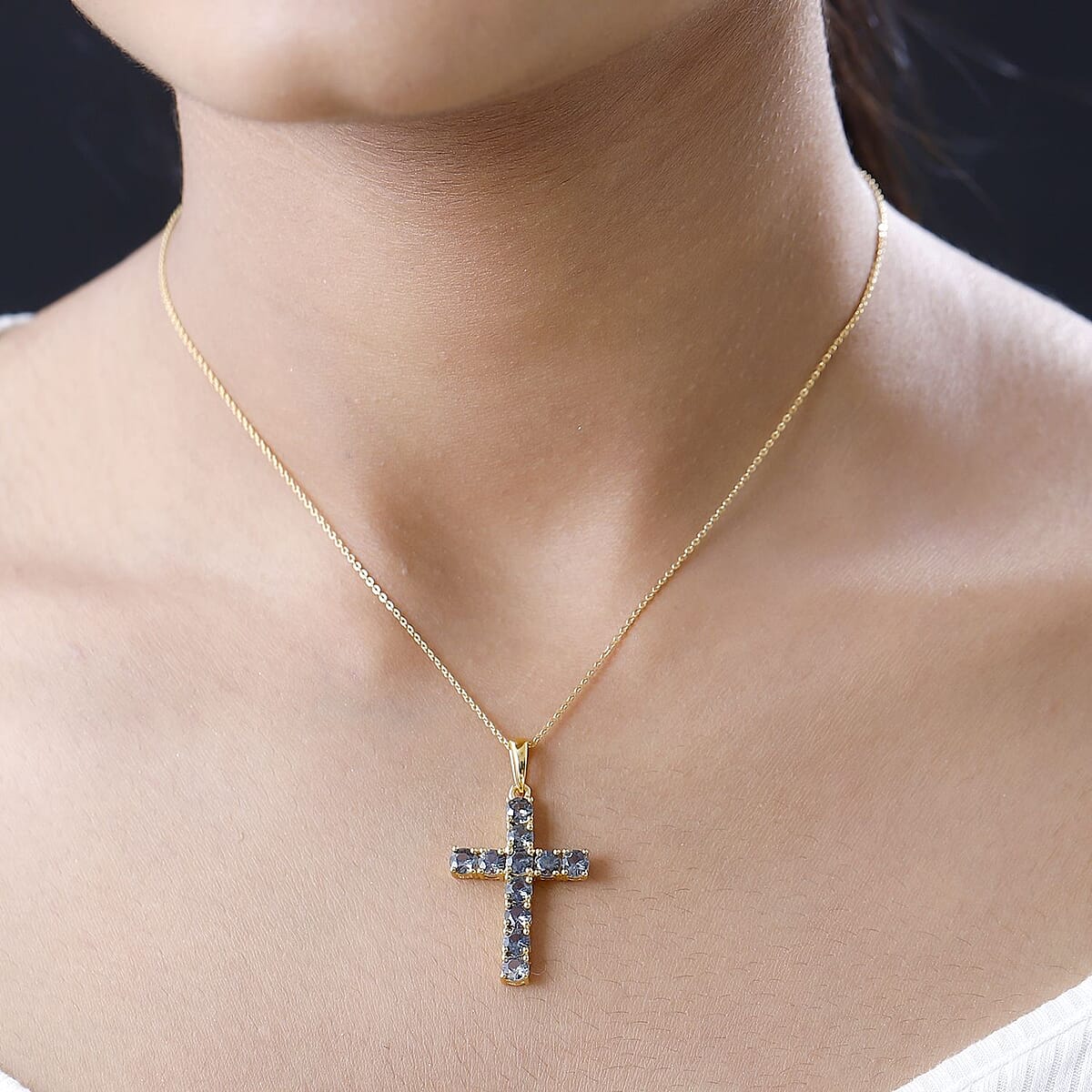 Parti Sapphire Cross Pendant Necklace 20 Inches in Vermeil Yellow Gold Over Sterling Silver 3.50 ctw image number 2