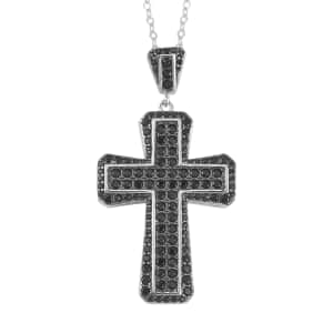 Thai Black Spinel and White Zircon Reversible Cross Pendant Necklace 20 Inches in Rhodium Over Sterling Silver 2.25 ctw