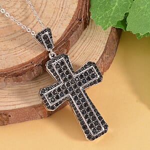 Thai Black Spinel and White Zircon Reversible Cross Pendant Necklace 20 Inches in Rhodium Over Sterling Silver 2.25 ctw