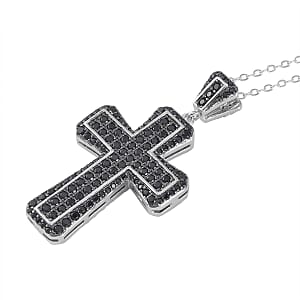 Thai Black Spinel and White Zircon Reversible Cross Pendant Necklace 20 Inches in Rhodium Over Sterling Silver 2.25 ctw