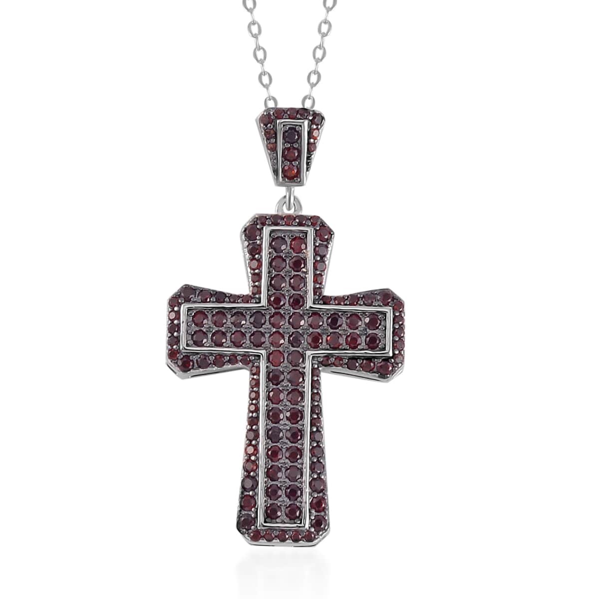 Mozambique Garnet and White Zircon Reversible Cross Pendant Necklace 20 Inches in Rhodium Over Sterling Silver 2.25 ctw image number 0