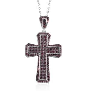 Mozambique Garnet and White Zircon Reversible Cross Pendant Necklace 20 Inches in Rhodium Over Sterling Silver 2.25 ctw