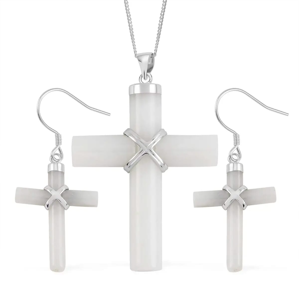 Doorbuster White Jade Cross Earrings and Pendant Necklace 18 Inches in Rhodium Over Sterling Silver 48.50 ctw image number 0