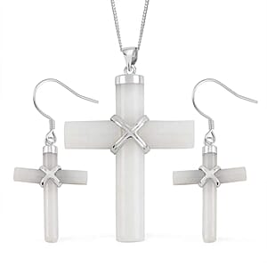 Natural Jade Cross Earrings and Pendant Necklace 18 Inches in Rhodium Over Sterling Silver 48.50 ctw