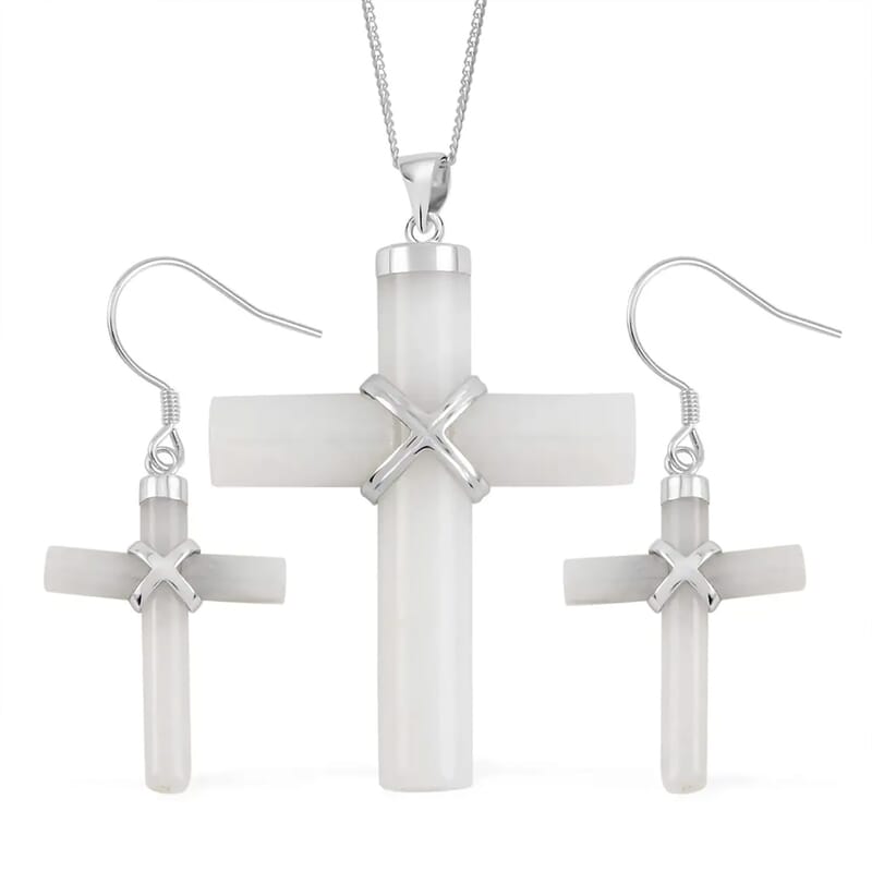 Natural Jade Cross Earrings and Pendant Necklace 18 Inches in Rhodium Over Sterling Silver 48.50 ctw