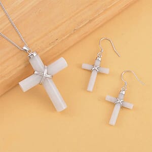 Natural Jade Cross Earrings and Pendant Necklace 18 Inches in Rhodium Over Sterling Silver 48.50 ctw