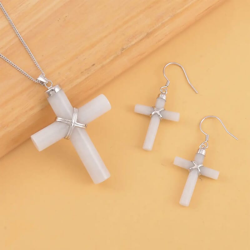Natural Jade Cross Earrings and Pendant Necklace 18 Inches in Rhodium Over Sterling Silver 48.50 ctw