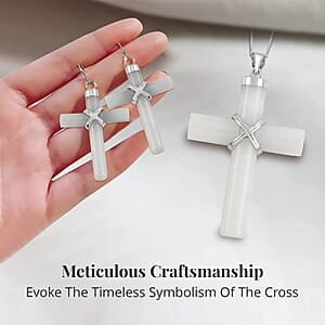 Natural Jade Cross Earrings and Pendant Necklace 18 Inches in Rhodium Over Sterling Silver 48.50 ctw
