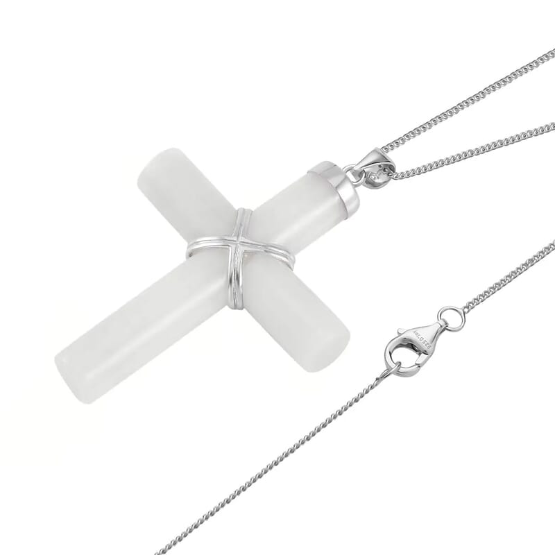 Natural Jade Cross Earrings and Pendant Necklace 18 Inches in Rhodium Over Sterling Silver 48.50 ctw
