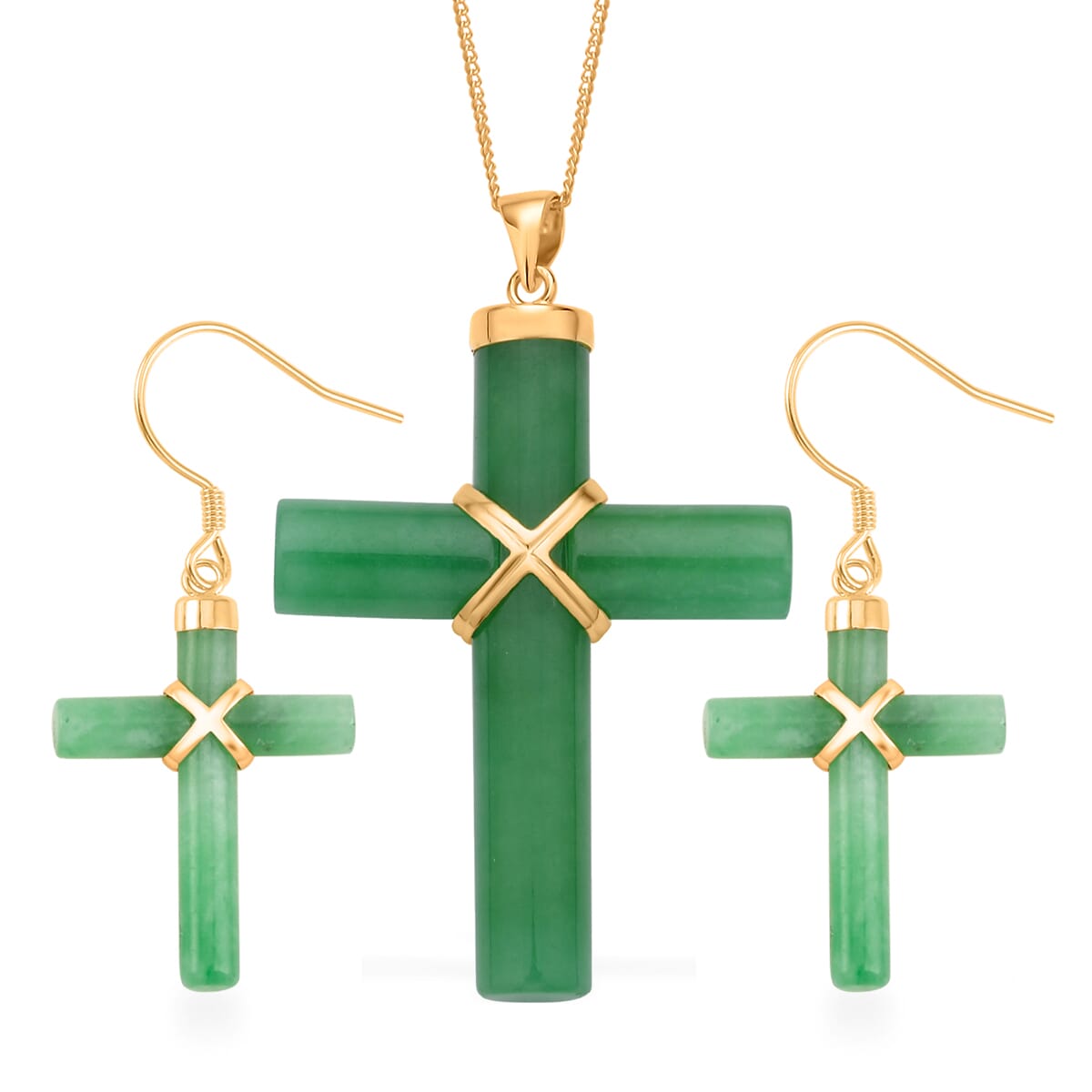 Green Jade (D) 52.00 ctw Cross Earrings and Pendant Necklace in Vermeil Yellow Gold Over Sterling Silver 18 Inches image number 0