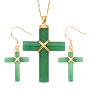 Green Jade (D) 52.00 ctw Cross Earrings and Pendant Necklace in Vermeil Yellow Gold Over Sterling Silver 18 Inches