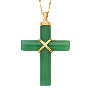 Green Jade (D) 52.00 ctw Cross Earrings and Pendant Necklace in Vermeil Yellow Gold Over Sterling Silver 18 Inches