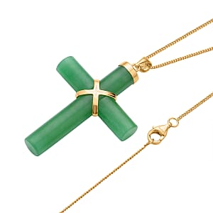 Green Jade (D) 52.00 ctw Cross Earrings and Pendant Necklace in Vermeil Yellow Gold Over Sterling Silver 18 Inches