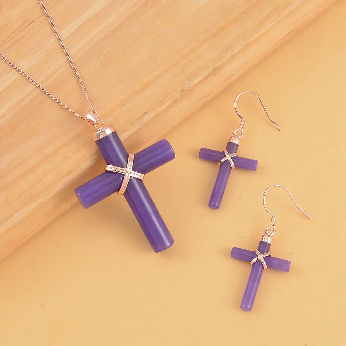 Purple Jade (D) Cross Earrings and Pendant Necklace 18 Inches in Vermeil Rose Gold Over Sterling Silver 48.50 ctw image number 1
