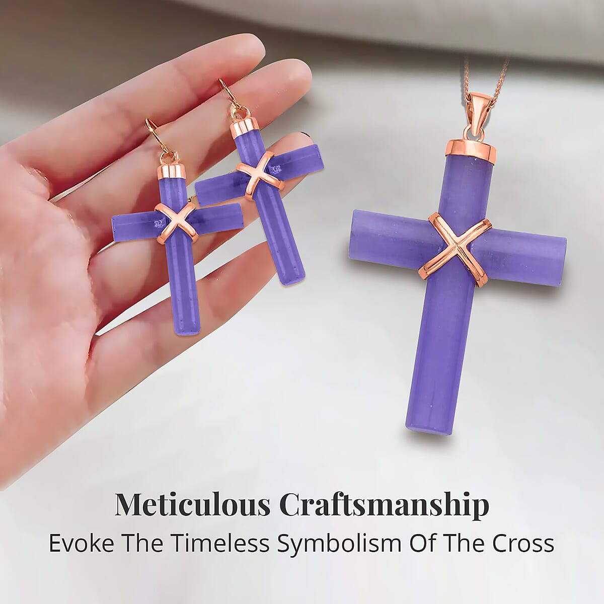 Purple Jade (D) Cross Earrings and Pendant Necklace 18 Inches in Vermeil Rose Gold Over Sterling Silver 48.50 ctw image number 3
