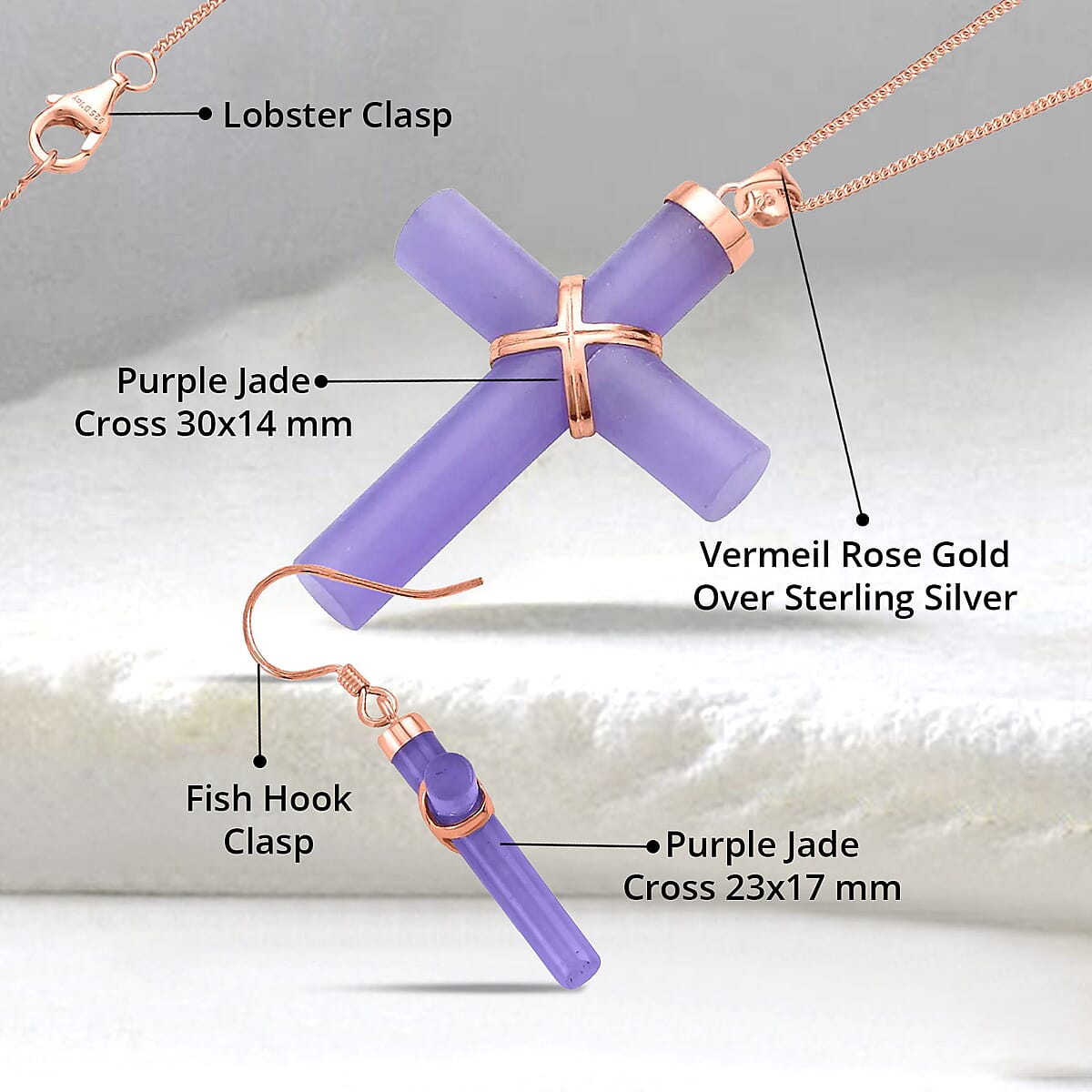Purple Jade (D) Cross Earrings and Pendant Necklace 18 Inches in Vermeil Rose Gold Over Sterling Silver 48.50 ctw image number 4