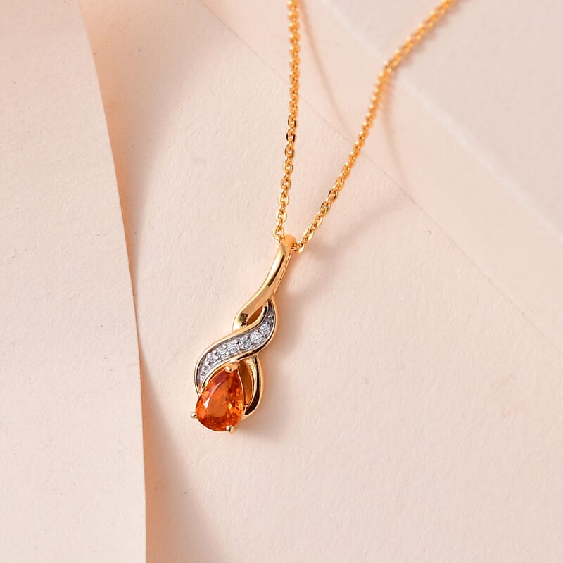 Premium Nigerian Spessartite Garnet and Moissanite Pendant Necklace 20 Inches in Vermeil Yellow Gold Over Sterling Silver 0.60 ctw