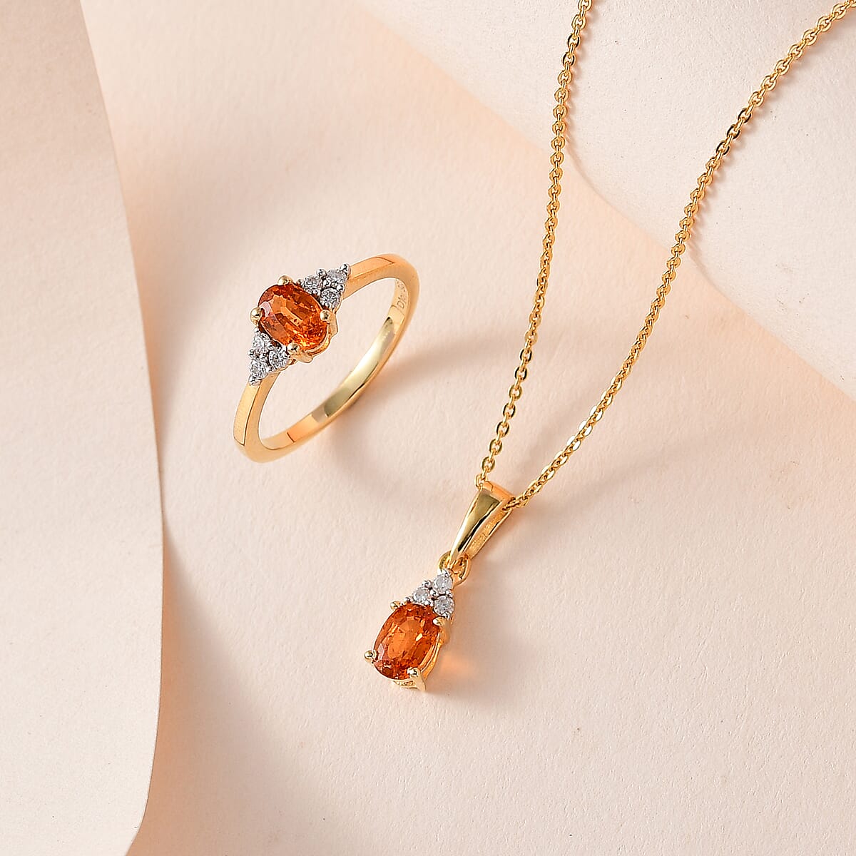 Premium Nigerian Spessartite Garnet and Moissanite Ring and Pendant Necklace 20 Inches in Vermeil Yellow Gold Over Sterling Silver 1.40 ctw image number 1