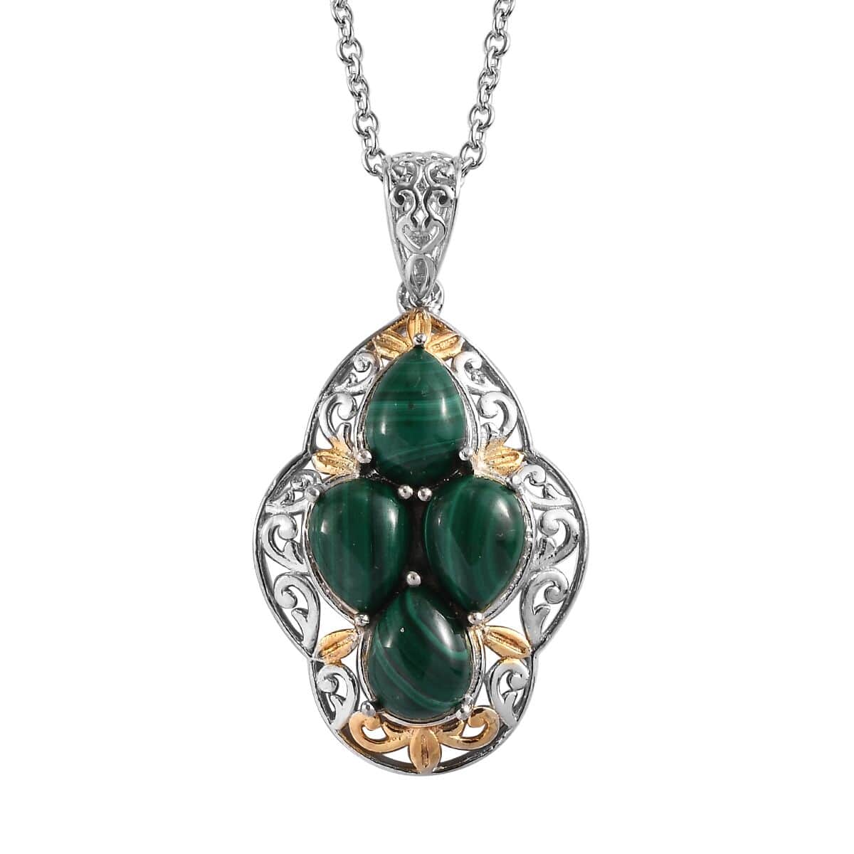 Karis African Malachite Solitaire Pendant in 18K YG Plated and Platinum Bond and Stainless Steel Necklace 20 Inches 6.40 ctw image number 0