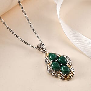 Karis African Malachite 6.40 ctw Solitaire Pendant in 18K YG Plated and Platinum Bond and Stainless Steel Necklace 20 Inches