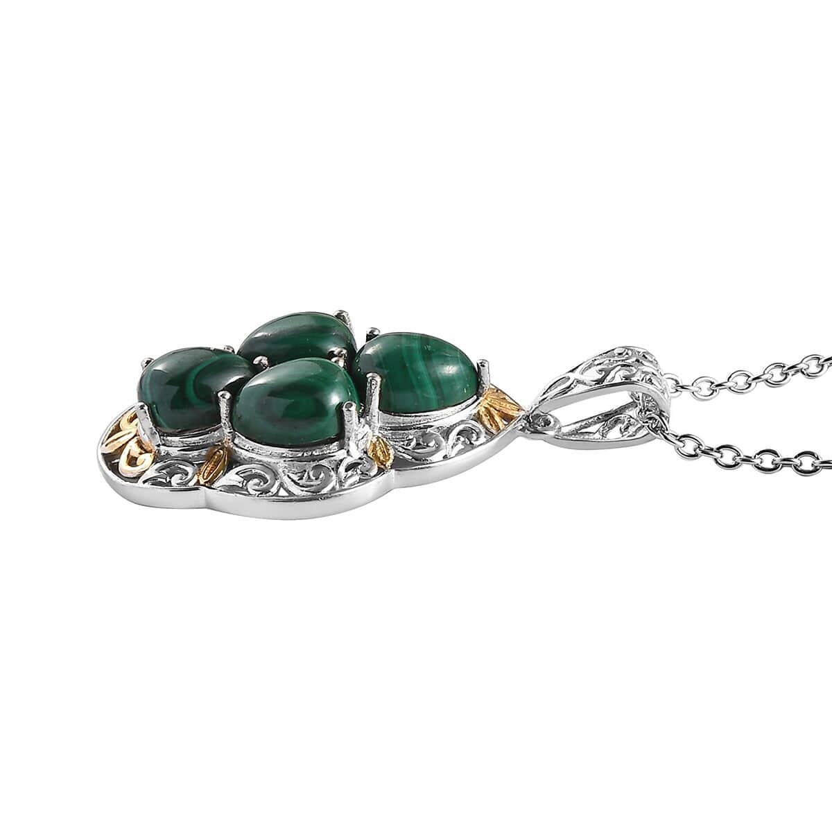 Karis African Malachite Solitaire Pendant in 18K YG Plated and Platinum Bond and Stainless Steel Necklace 20 Inches 6.40 ctw image number 3