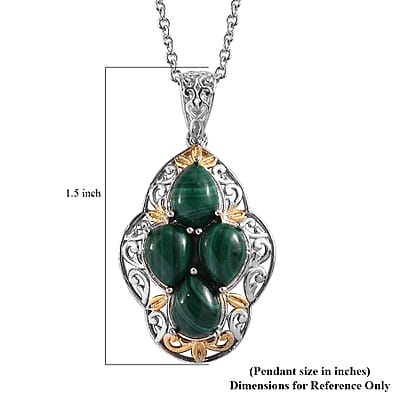 Karis African Malachite 6.40 ctw Solitaire Pendant in 18K YG Plated and Platinum Bond and Stainless Steel Necklace 20 Inches