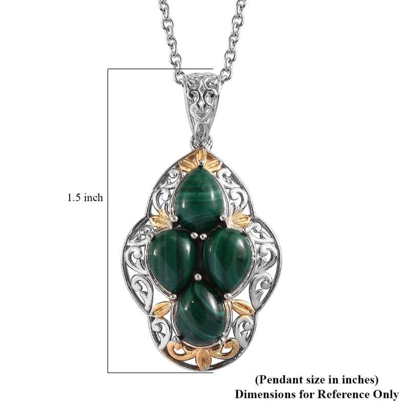 Karis African Malachite 6.40 ctw Solitaire Pendant in 18K YG Plated and Platinum Bond and Stainless Steel Necklace 20 Inches