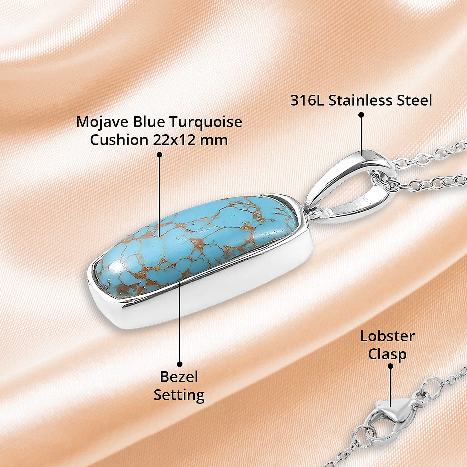 Mojave Blue Turquoise Solitaire Pendant Necklace 20 Inches in Stainless Steel 11.25 ctw