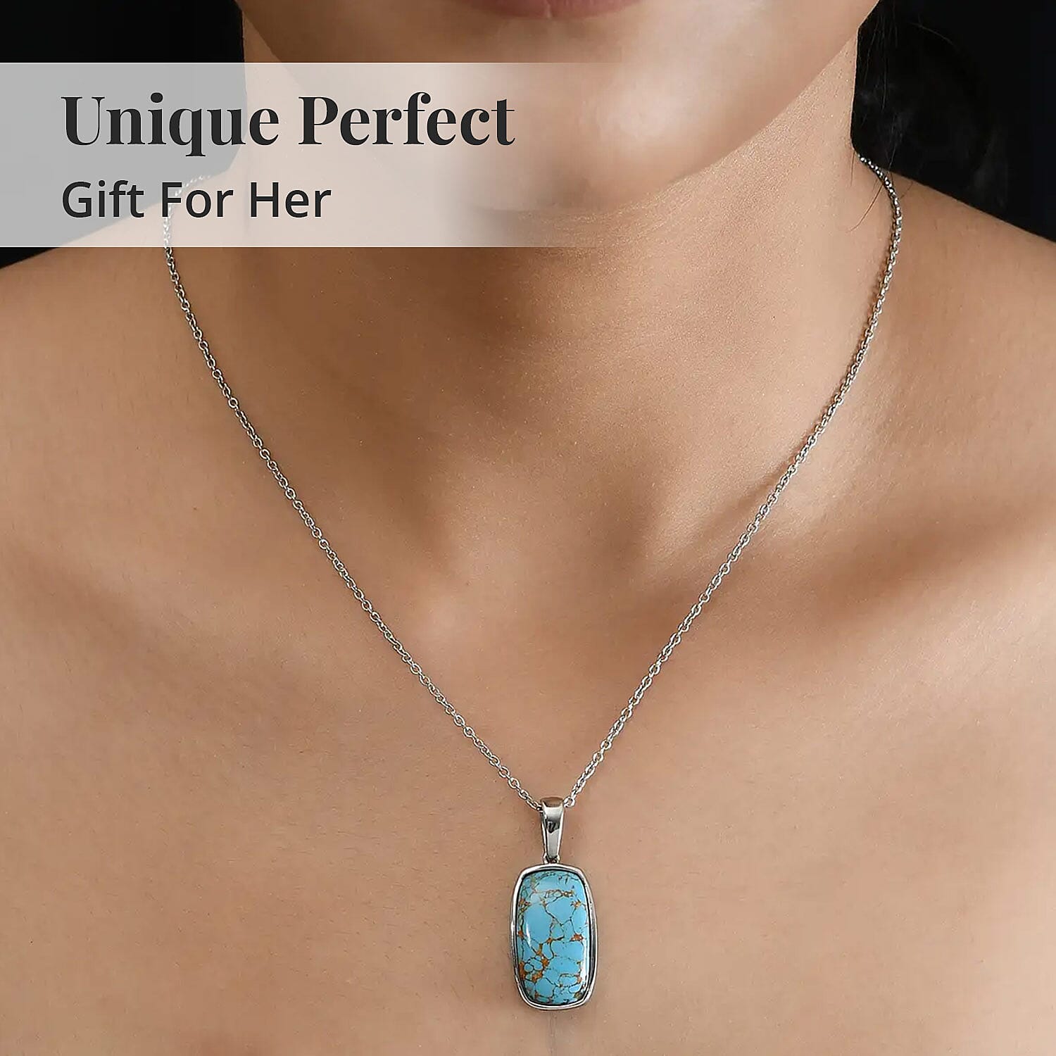 Mojave Blue Turquoise Solitaire Pendant Necklace 20 Inches in Stainless Steel 11.25 ctw