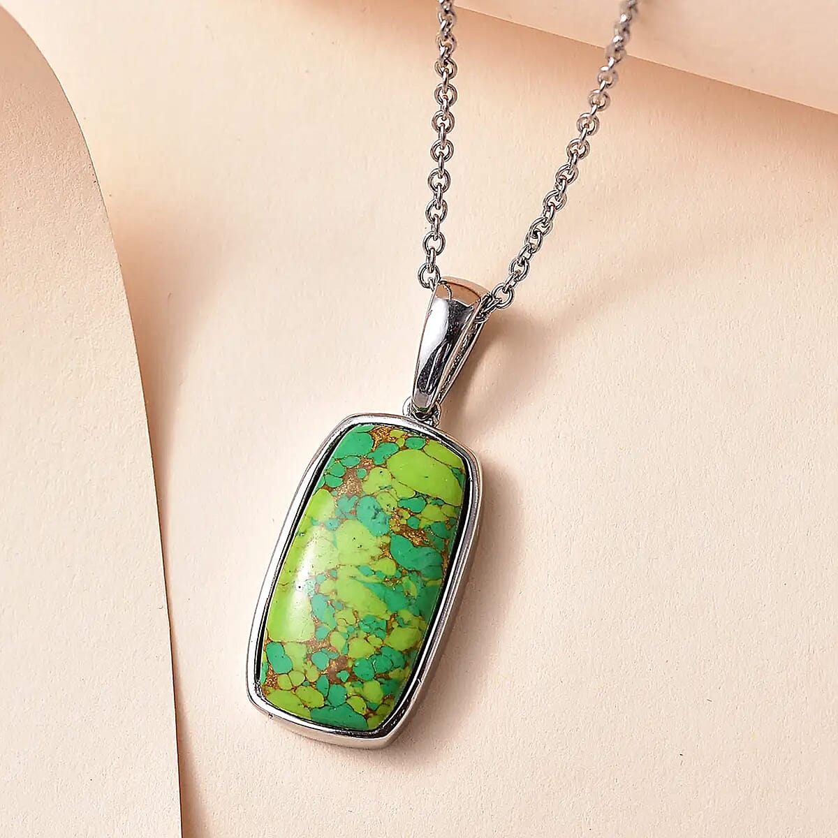 Mojave Green Turquoise Solitaire Pendant Necklace 20 Inches in Stainless Steel 18.15 ctw image number 1