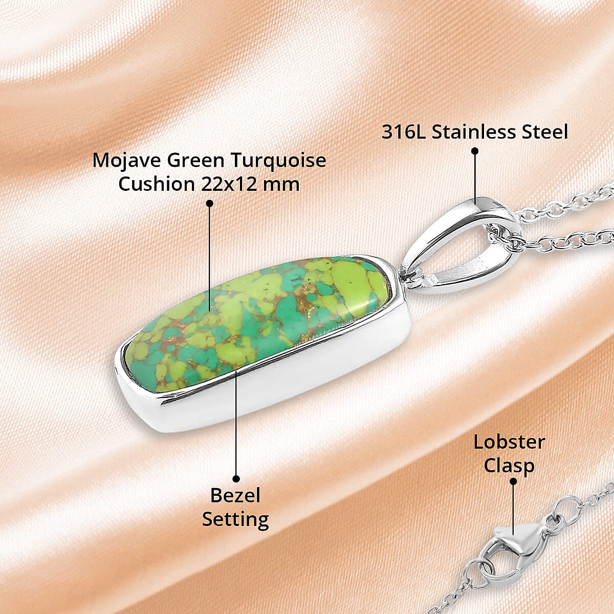 Mojave Green Turquoise Solitaire Pendant Necklace 20 Inches in Stainless Steel 18.15 ctw image number 4