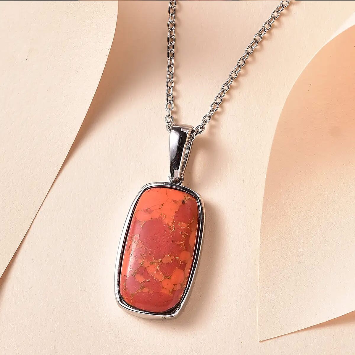 Mojave Orange Turquoise Solitaire Pendant Necklace 20 Inches in Stainless Steel 12.60 ctw image number 1