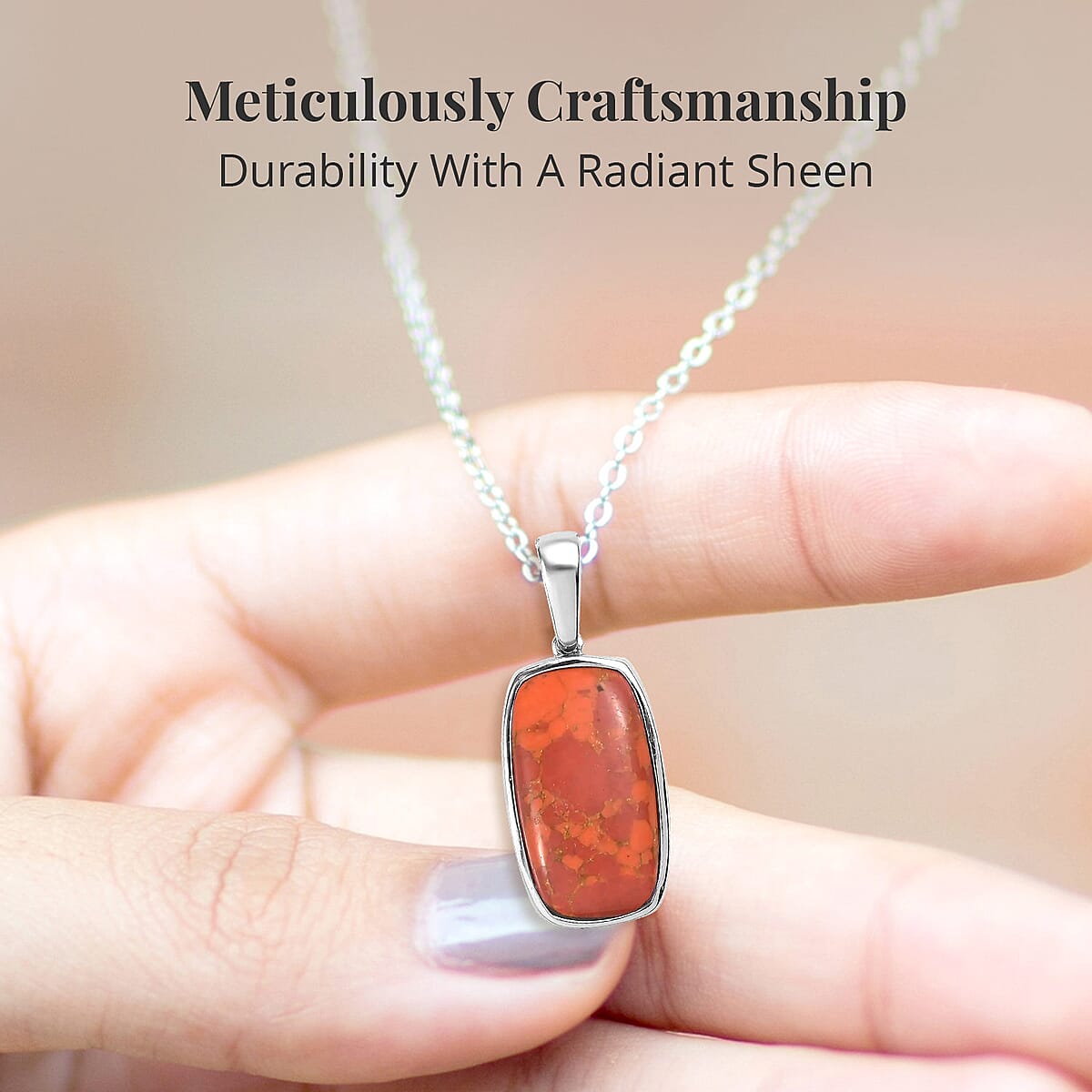 Mojave Orange Turquoise Solitaire Pendant Necklace 20 Inches in Stainless Steel 12.60 ctw image number 3