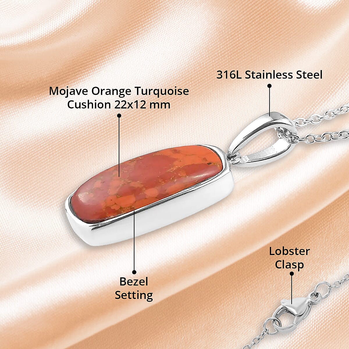 Mojave Orange Turquoise Solitaire Pendant Necklace 20 Inches in Stainless Steel 12.60 ctw image number 4