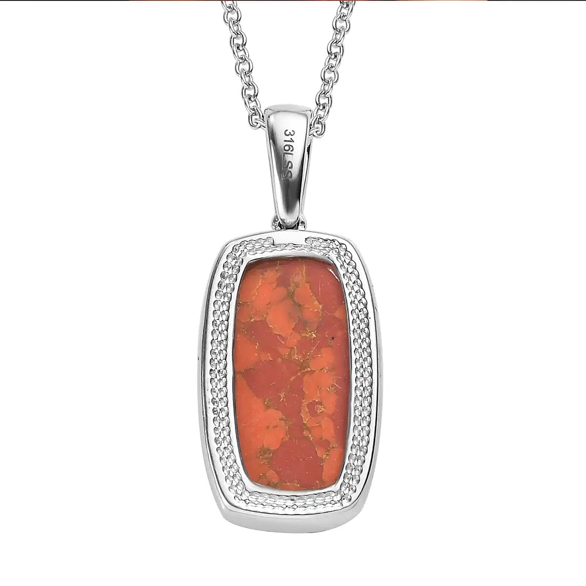 Mojave Orange Turquoise Solitaire Pendant Necklace 20 Inches in Stainless Steel 12.60 ctw image number 7